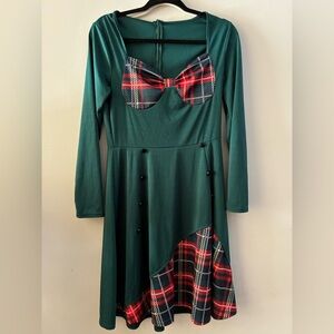 Christmas Elf Holiday Plaid Bow Long Sleeve Dress